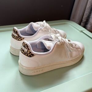 Adidas Women's White Sneakers with Leopard Detail, Size 8